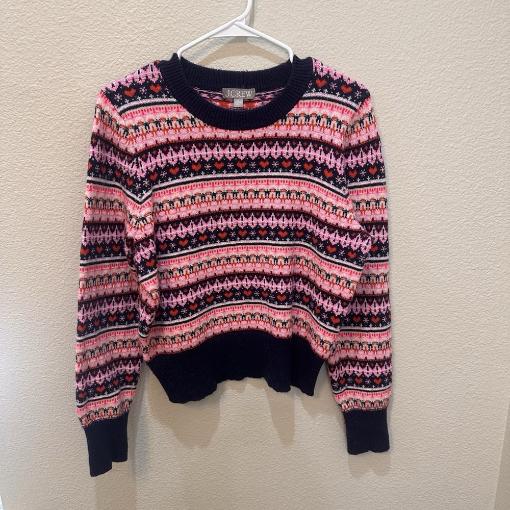 J Crew Womens Fair Isle Winter Sweater M Pink Blue‎ Heart Nordic LambsWool Blend